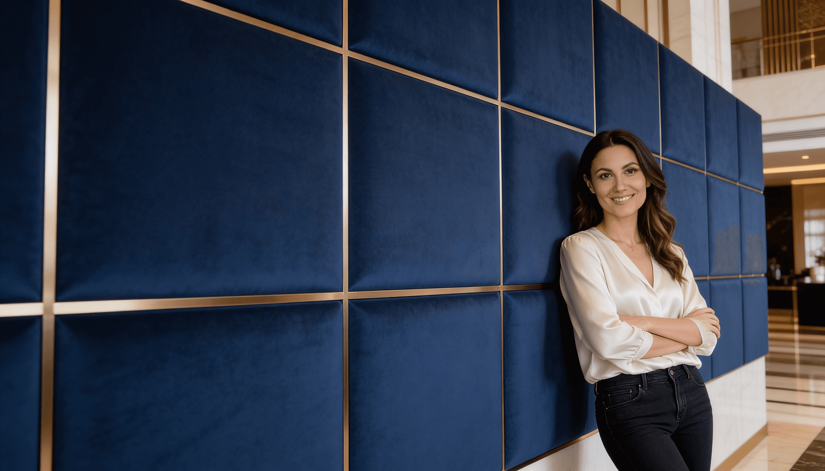 Maya standing confidently in a polished modern interior