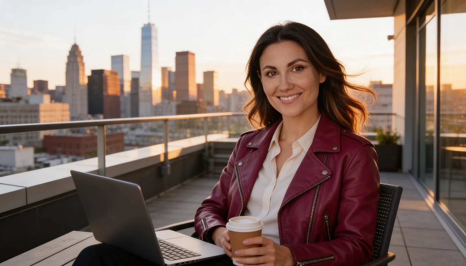 Woman using a laptop on a city balcony while learning how crypto exchanges work